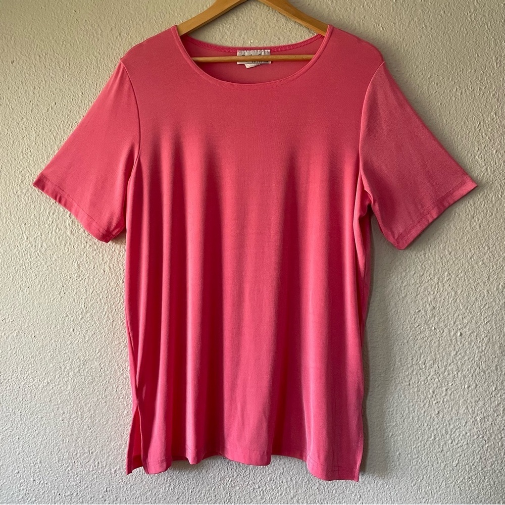 Carolyn Strauss Collection Liquid Knit Tunic Top Womens 1X Pink Slinky Side Slit